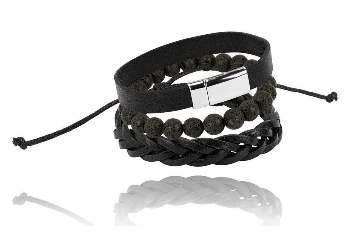 Di Lusso - Armband set Petur - Rundsleder - Stainless Steel - Lavasteen - Zwart - Heren - 22 cm