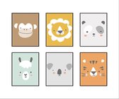 Poster Set 6 Aapje Leeuw Panda Alpaca Tijger Koala Hoofd Dieren - Kinderkamer - Dierenposter - Babykamer / Kinderposter - Babyshower Cadeau - Muurdecoratie - 40x30cm / A3 - Postercity