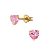 Joy|S - Zilveren hartje oorbellen 5 mm - zirkonia roze - 14k goudplating