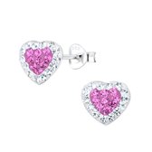 Joy|S - Zilveren hartje oorbellen - Valentijn - roze wit kristal - 9 x 8 mm
