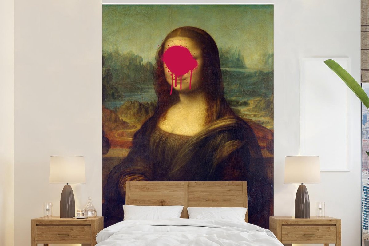 Behang - Fotobehang Mona Lisa - Leonardo da Vinci - Roze - Breedte 195 cm x hoogte 300 cm