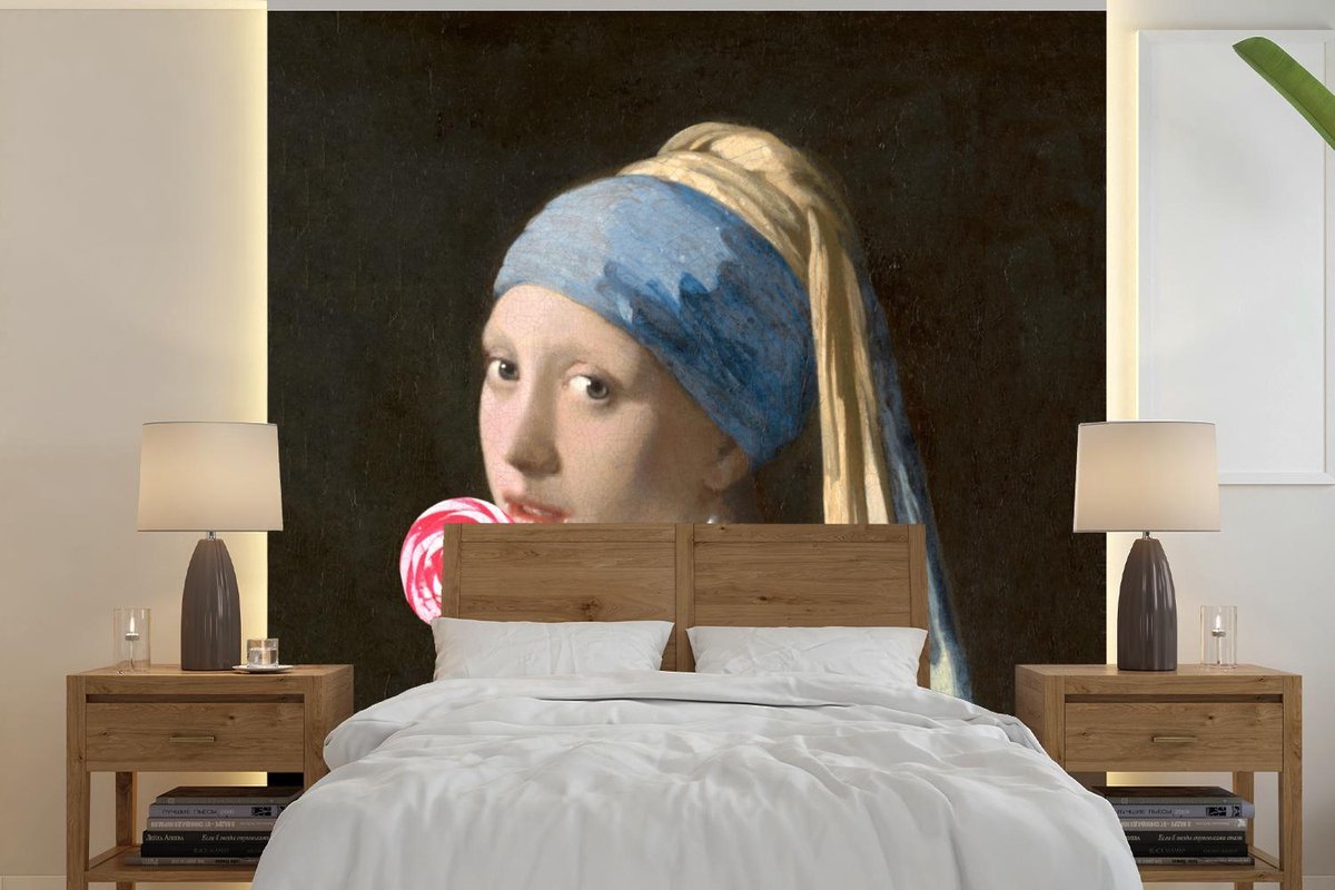 Behang - Fotobehang Meisje met de parel - Vermeer - Snoep - Breedte 350 cm x hoogte 350 cm