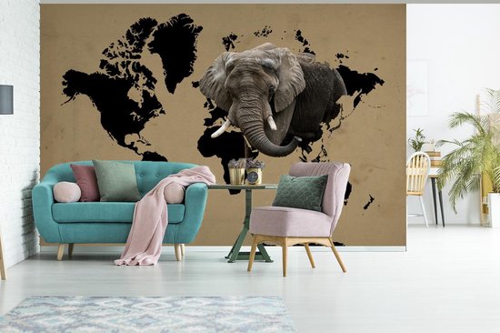 Carte du monde noire avec un éléphant dessus 390x260 cm