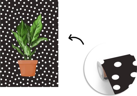 Illustration d'une plant aux feuilles luxuriantes sur fond noir à pois blancs 145x220 cm