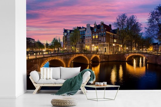 Papier peint - Papier peint photo Amsterdam - Nuit - Canal - Largeur 360 cm x hauteur 240 cm