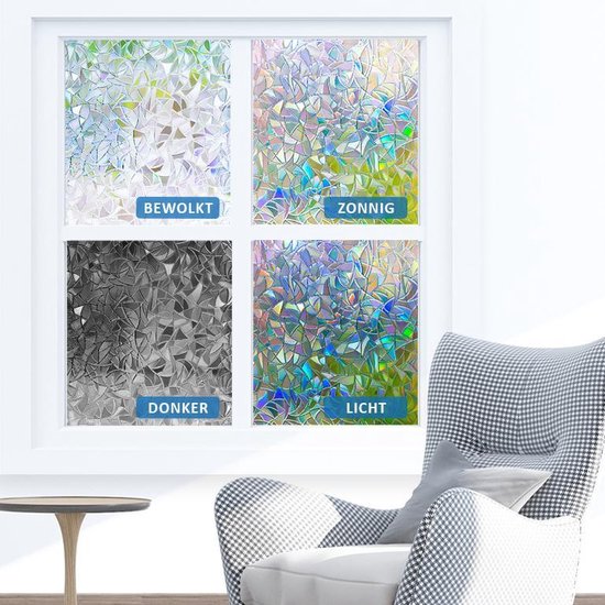 90×200 cm raamfolie, 3D regenboogfolie voor ramen, zelfklevend, statisch privacyfolie, kleurrijke anti-UV raamfolie, ondoorzichtig van buiten voor glas met gereedschap