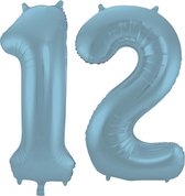 De Ballonnenkoning - Folieballon Cijfer 12 Blauw Pastel Metallic Mat - 86 cm