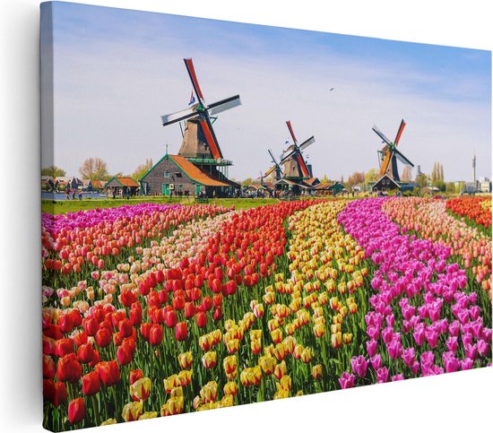 Artaza Canvas Schilderij Kleurrijke Tulpen Bloemenveld - Windmolen - 90x60 - Foto Op Canvas - Canvas Print - Muurdecoratie