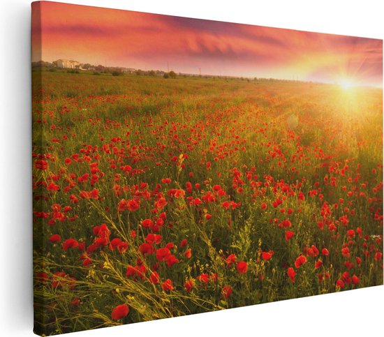 Artaza Canvas Schilderij Rode Klaproos Bloemenveld - Zonsondergang - 90x60 - Foto Op Canvas - Canvas Print - Muurdecoratie