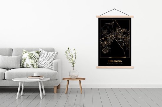 Posterhanger incl. Poster - Schoolplaat - Kaart - Helmond - Minimalisme - Goud - Zwart - 120x180 cm - Blanke latten