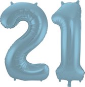 De Ballonnenkoning - Folieballon Cijfer 21 Blauw Pastel Metallic Mat - 86 cm
