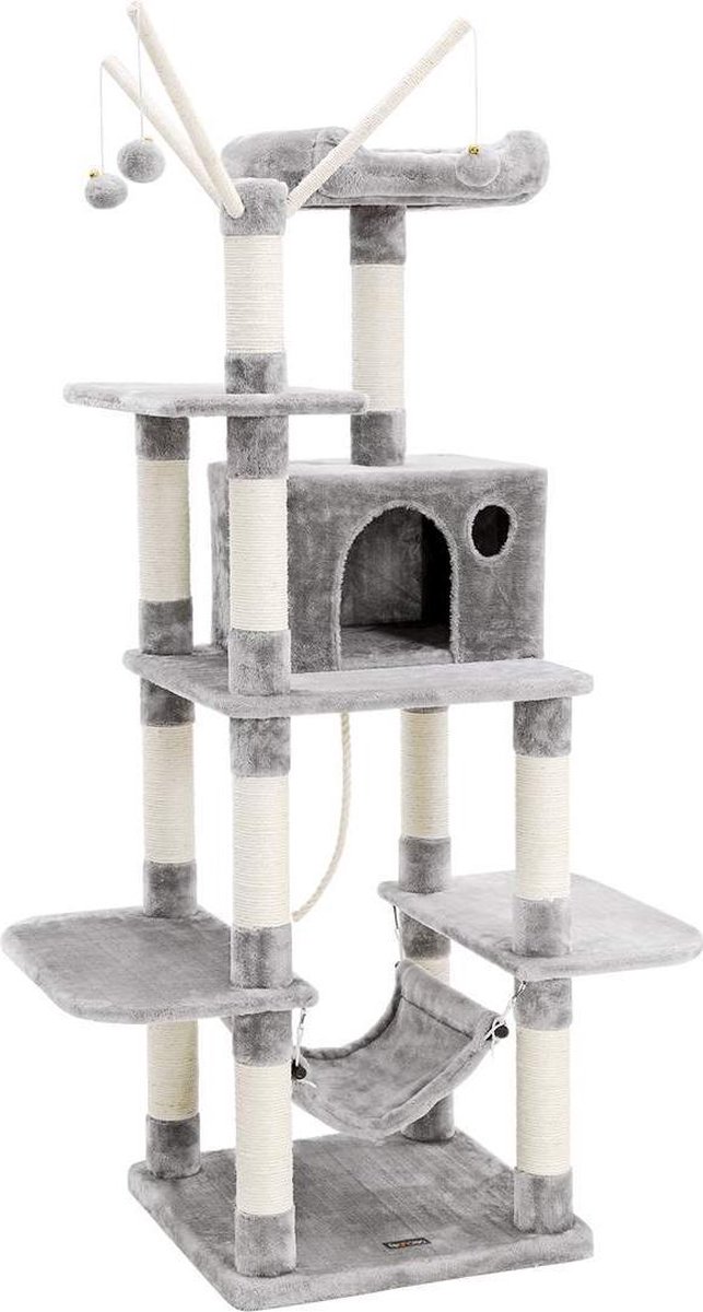 Segenn's XXL Krabpaal - kattenboom - kattenbak - met hangmat - klimboom - stabiele krabpaal met hangmat - grot en sisal - groot uitkijkplatform - 154 cm - Lichtgrijs
