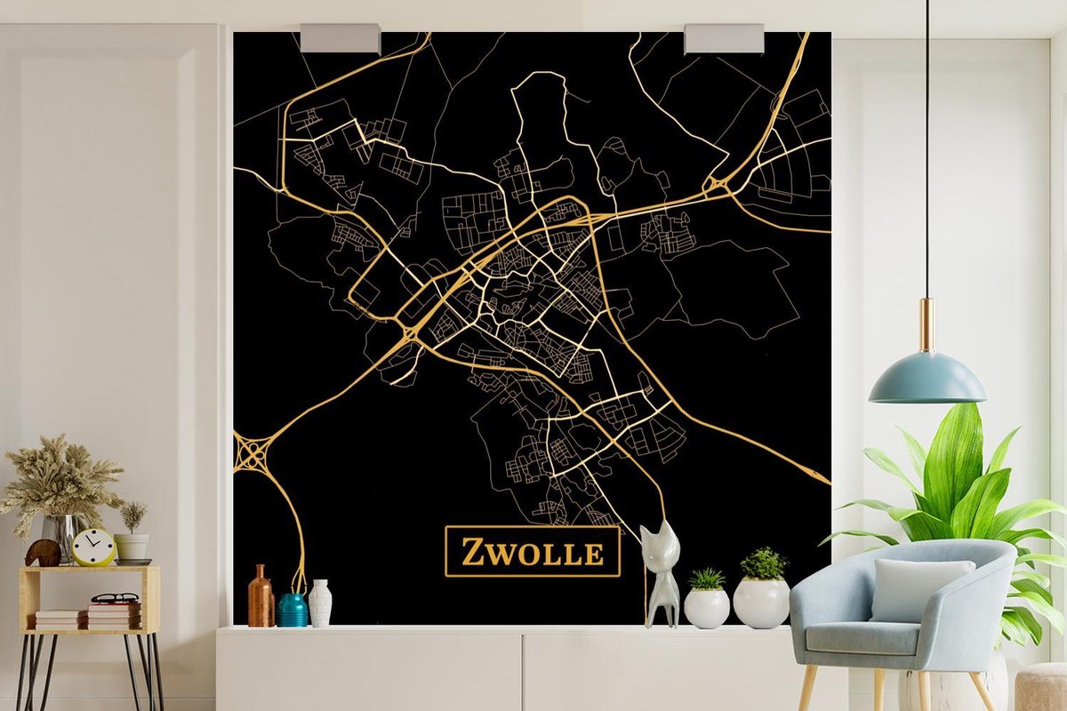 Behang - Fotobehang Kaart - Zwolle - Luxe - Goud - Zwart - Breedte 300
