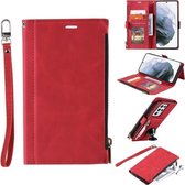 Voor Samsung Galaxy S21 Ultra 5G Side Zipper Back Card Horizontale Flip PU Leather Case met Kaartsleuven & Portemonnee & Fotolijst & Lanyard (Rood)