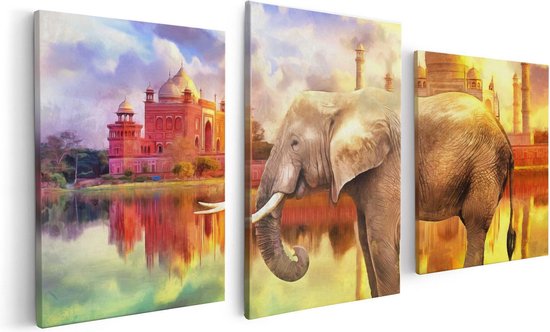 Artaza Canvas Schilderij Drieluik Getekende Olifant Bij Taj Mahal - Abstract - 120x60 - Foto Op Canvas - Canvas Print