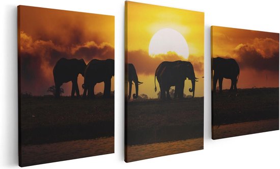 Artaza Canvas Schilderij Drieluik Silhouet Olifanten Tijdens Zonsondergang - 120x60 - Foto Op Canvas - Canvas Print