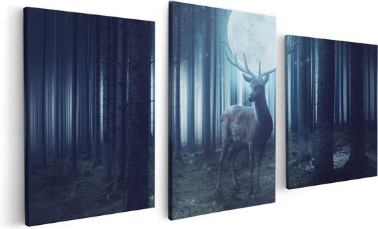 Artaza Canvas Schilderij Drieluik Hert In Het Bos Tijdens Volle Maan - 120x60 - Foto Op Canvas - Canvas Print