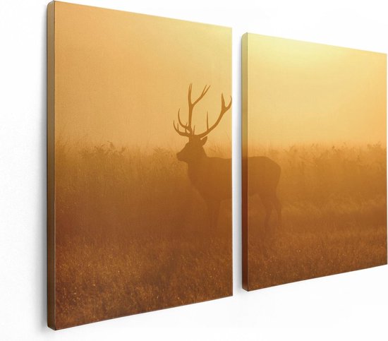 Artaza Canvas Schilderij Tweeluik Hert Tijdens De Mist - 120x80 - Foto Op Canvas - Canvas Print