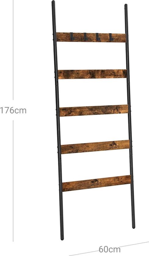 Segenn's Ladderplank met 5 Sporten - Handdoekhouder - Handdoek Plank - Leiterregal - Ladderplank - Leun Plank - 65 cm Breed - Schuin - voor Handdoeken - Sjaals - Dekens - Stalen Frame - Vintage Bruin-Zwart
