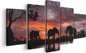 Artaza Canvas Schilderij Vijfluik Olifanten Tijdens Zonsondergang - Silhouet - 100x50 - Foto Op Canvas - Canvas Print