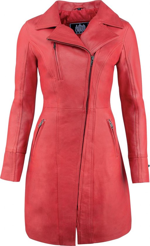 Urban 5884® - Janice - Dames - Lange Leren Jas - Lamsleer - Schuine ritssluiting - Rood - Maat 3XL