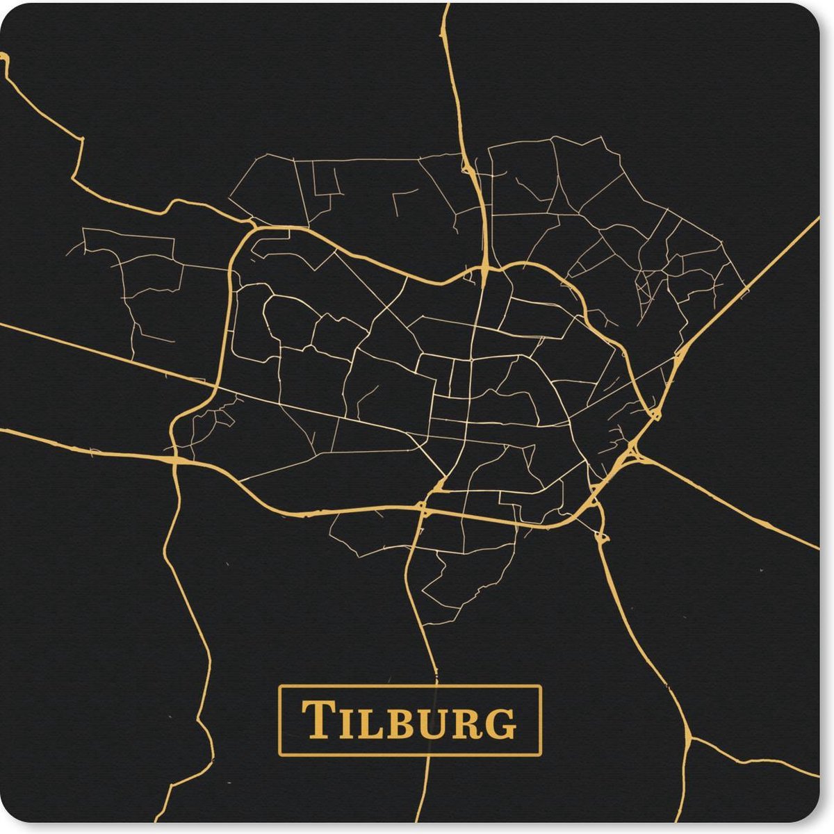 Muismat 20x20 cm - Mousepad Kaart - Tilburg - Goud - Zwart - Muismatten