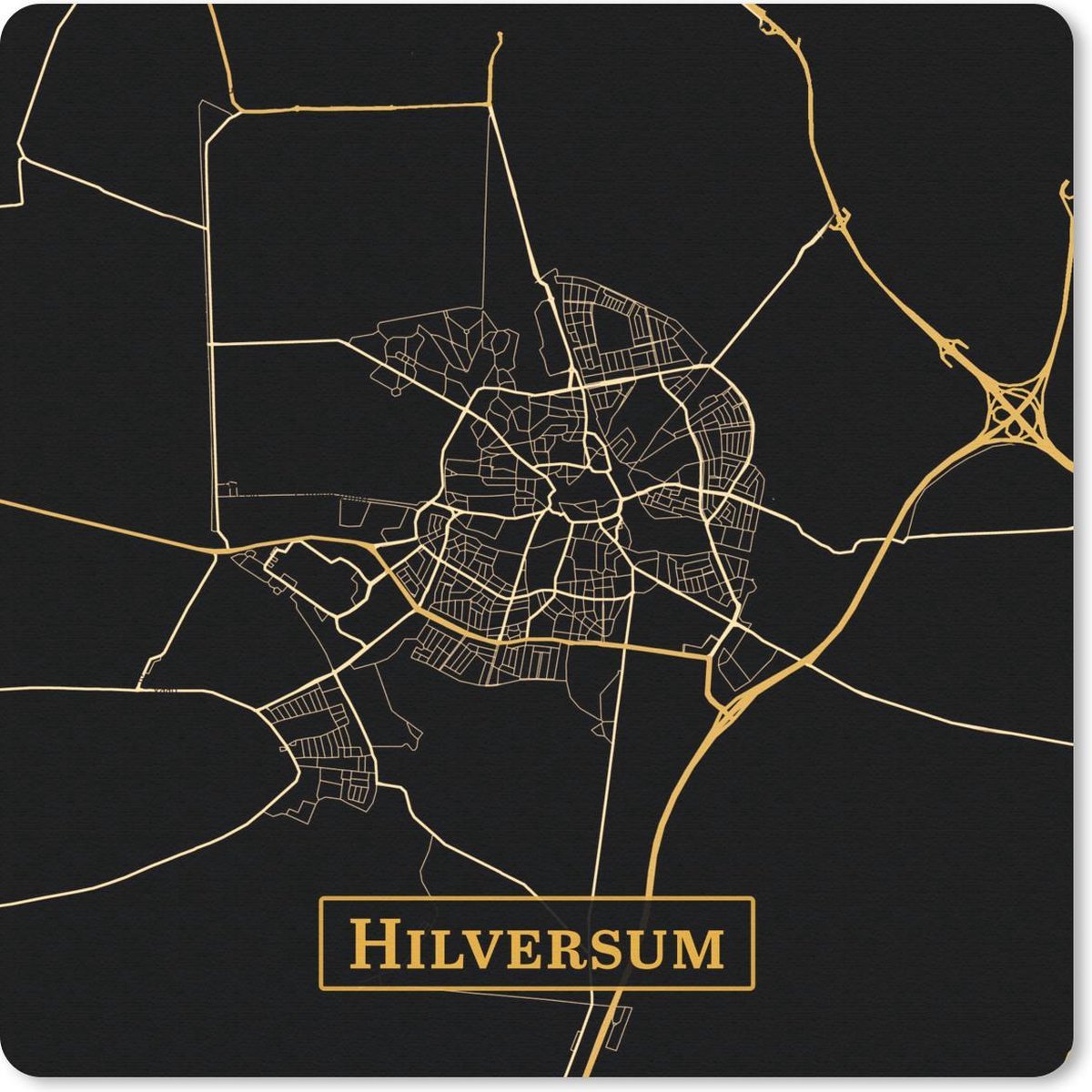Muismat 30x30 cm - Mousepad Kaart - Hilversum - Zwart - Goud - Muismatten