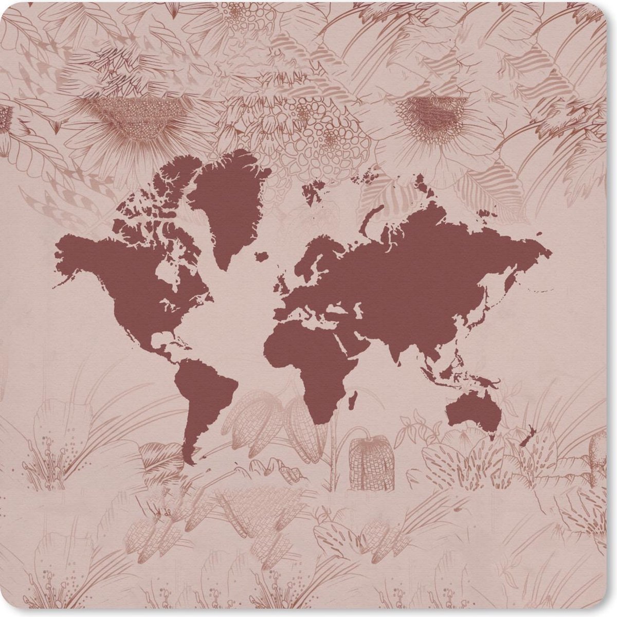 Muismat 20x20 cm - Mousepad Wereldkaart - Rood - Planten - Muismatten