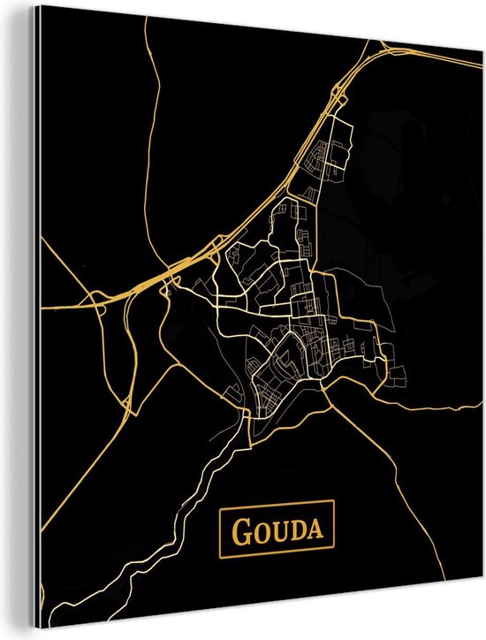 Décoration murale Métal - Peinture Aluminium Industriel - Plan de ville - Gouda - Or - Zwart - 50x50 cm - Dibond - Photo sur aluminium - Décoration murale industrielle - Pour le salon/chambre - Plan