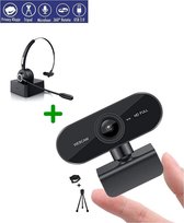 Webcam avec microphone - Full HD 1080P - Plug and Play - Avec casque sans fil Bluetooth avec microphone et station de charge