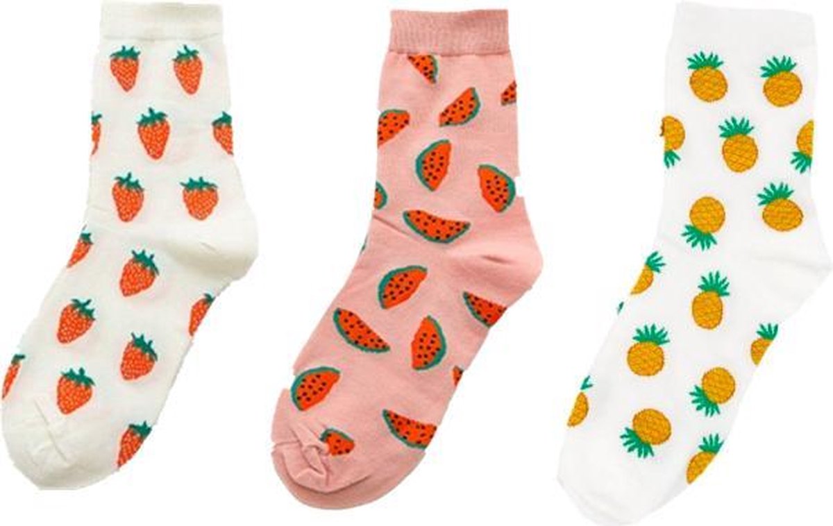 Binkie Socks Box | 3 paar Sokken Dames |Fruitige Trio Sokken | Maat 39-42 Binkie Socks Box | Vrolijke watermeloen, ananas en aardbei sokken | Maat 39-42