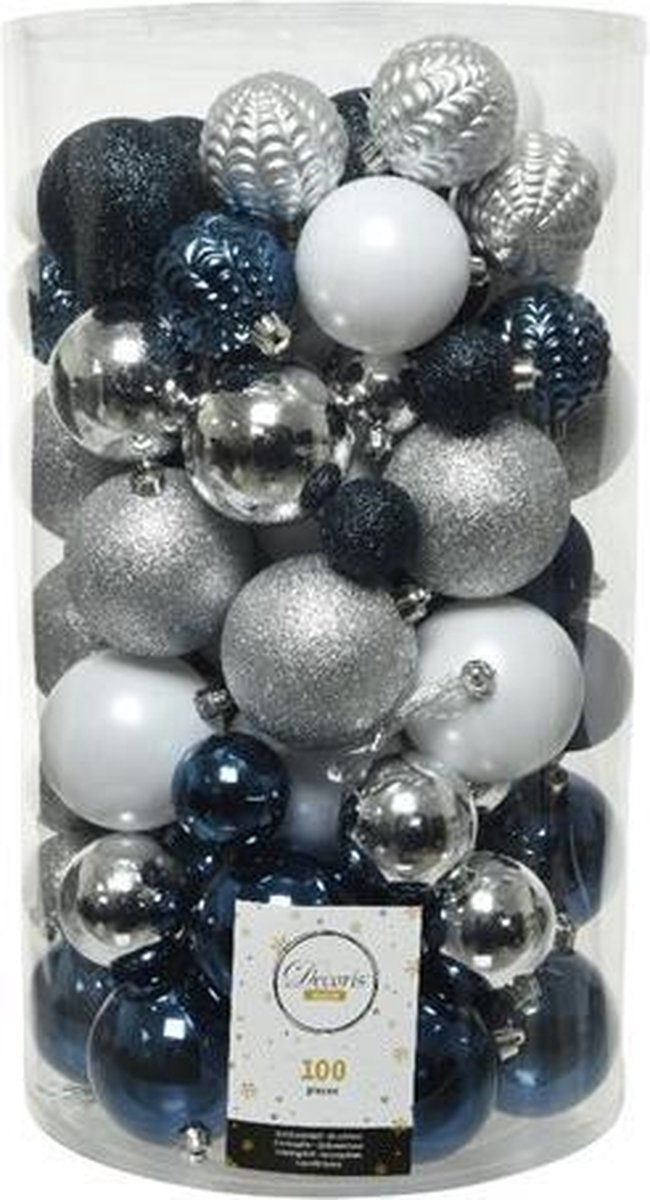 Decoris Kerstballen Mix (4-8 cm) 100 Stuks - kunststof - zilver / nachtblauw / winterwit