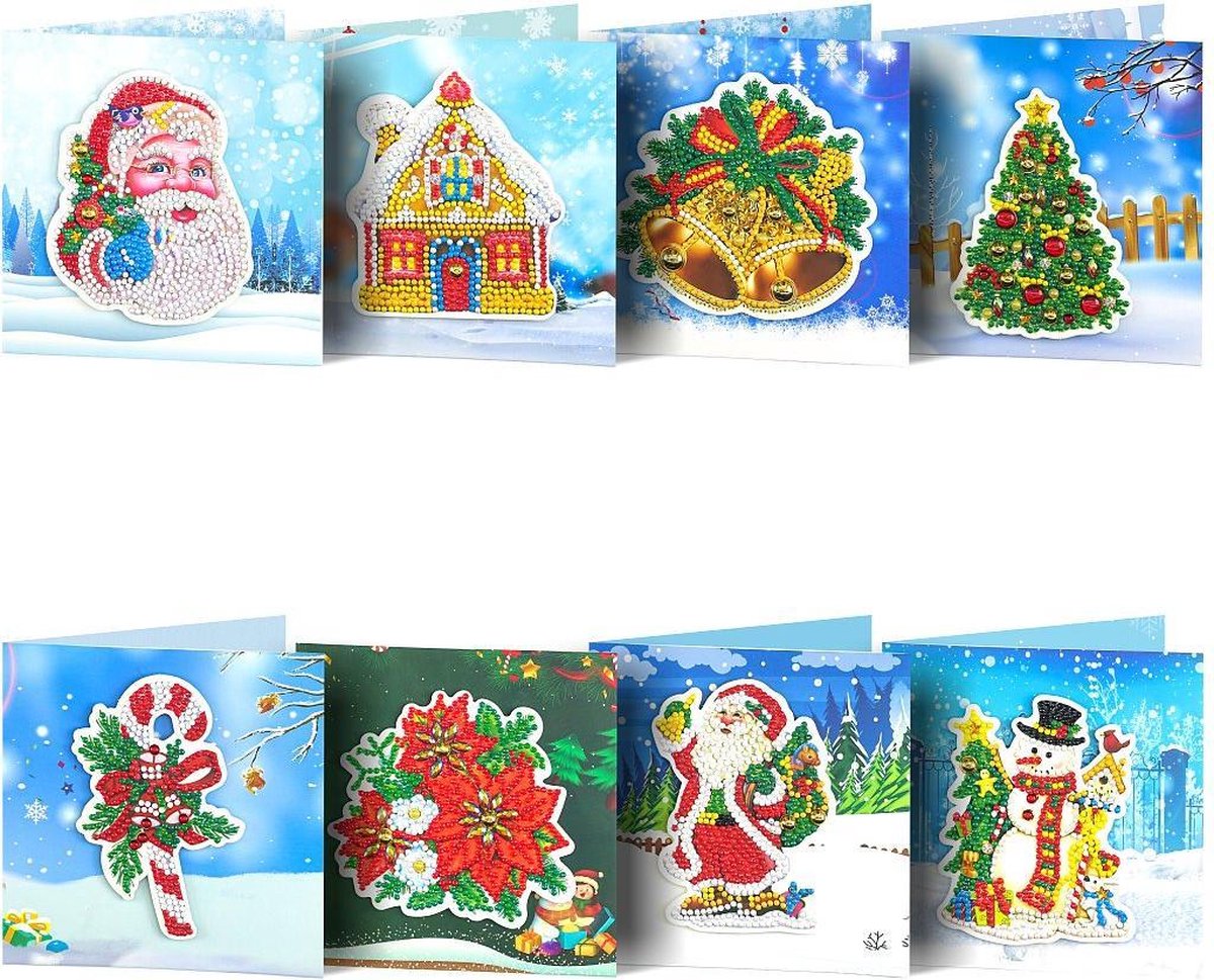 Diamond Painting 3 D Kaarten - Kerstkaarten set 8 stuks - Hobbypakket - Inclusief Enveloppen