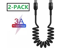 2x Nylon USB-C naar USB-C Kabel - 60W/5A - Geschikt voor Android Auto - Uitrekbaar tot 1.5 Meter - Krulsnoer