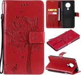 Voor Nokia 5.3 Boom & Kat Patroon Geperst Afdrukken Horizontale Flip PU Lederen Case met Houder & Kaartsleuven & Portemonnee & Lanyard (Rood)