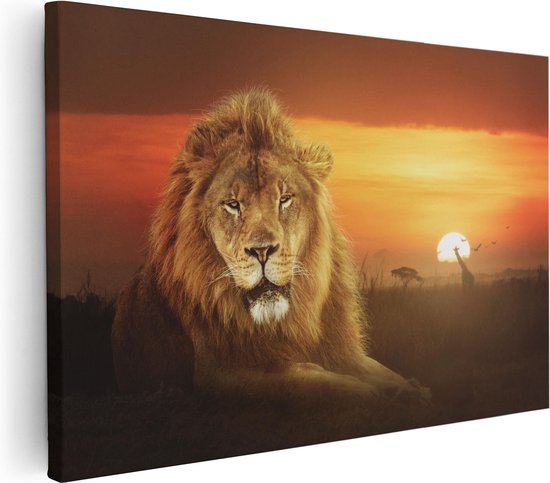 Artaza - Canvas Schilderij - Leeuw In De Savanne - Zonsondergang - Foto Op Canvas - Canvas Print