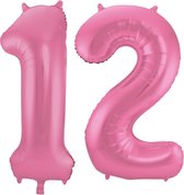 De Ballonnenkoning - Folieballon Cijfer 12 Roze Metallic Mat - 86 cm