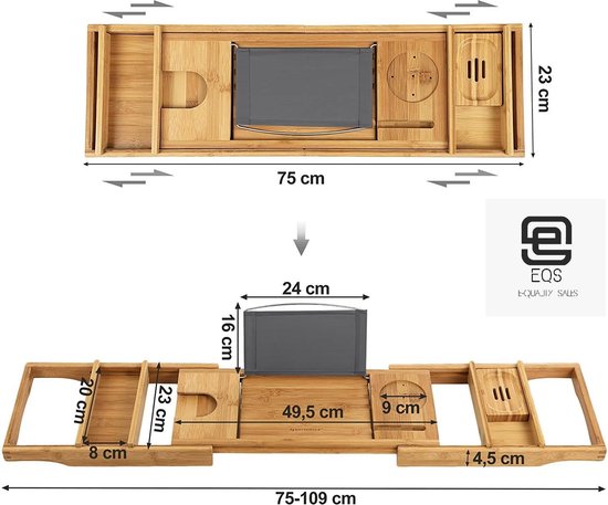 EQS - Luxe Bamboe Badrek Uitschuifbaar - Bamboo Brug Verstelbaar - Badkuip Plank voor in Bad met Boekenhouder/Tablethouder – 75 tot 108 cm – Hout - Merkloos