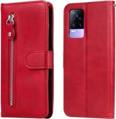 Voor vivo V21e 4G/Y73 2021 Mode Kalf Textuur Rits Horizontale Flip Lederen Case met Standaard & Kaartsleuven & Portemonnee Functie (Rood)