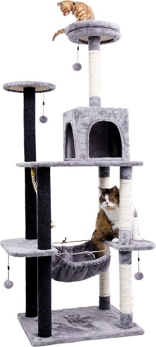 Grote Krabpaal voor Katten - Kattenboom - Speelhuis Voor Katten - Klimboom van Hout en Sisal Touw - Met Kattenspeelgoed/Kattenmand - 5 verdiepingen - Grijs 174cm