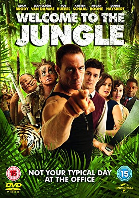 DVD hoes met Jean-Claude Van Damme die naar je wijst, omringd door andere personages en een tijger.