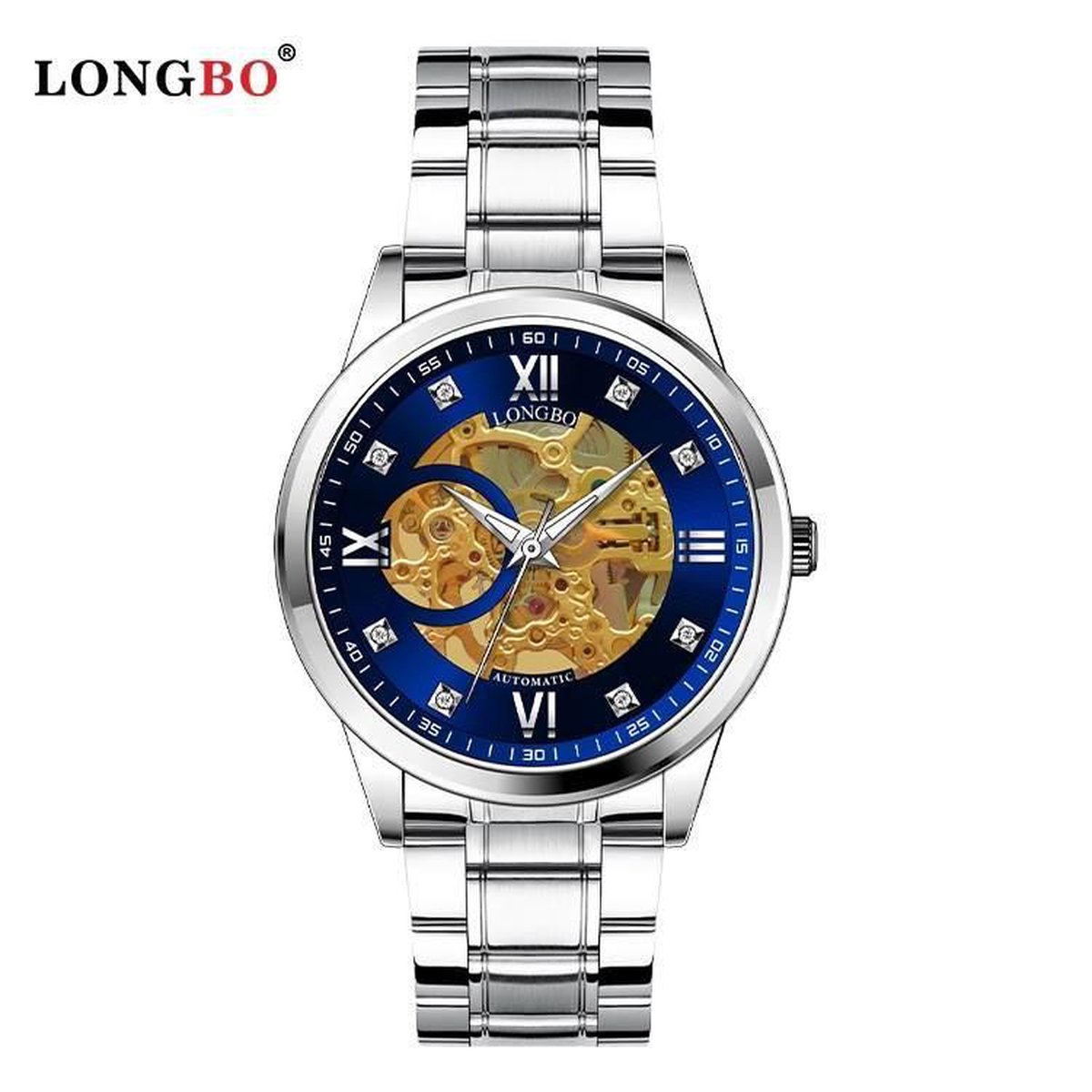 Longbo - Unisex Horloge - Skeleton - Zilveren Stalen Band - Zilver-Blauw-Goud - 40mm - Automatic