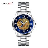 Longbo - Unisex Horloge - Skeleton - Zilveren Stalen Band - Zilver/Blauw/Goud - 40mm - Automatic