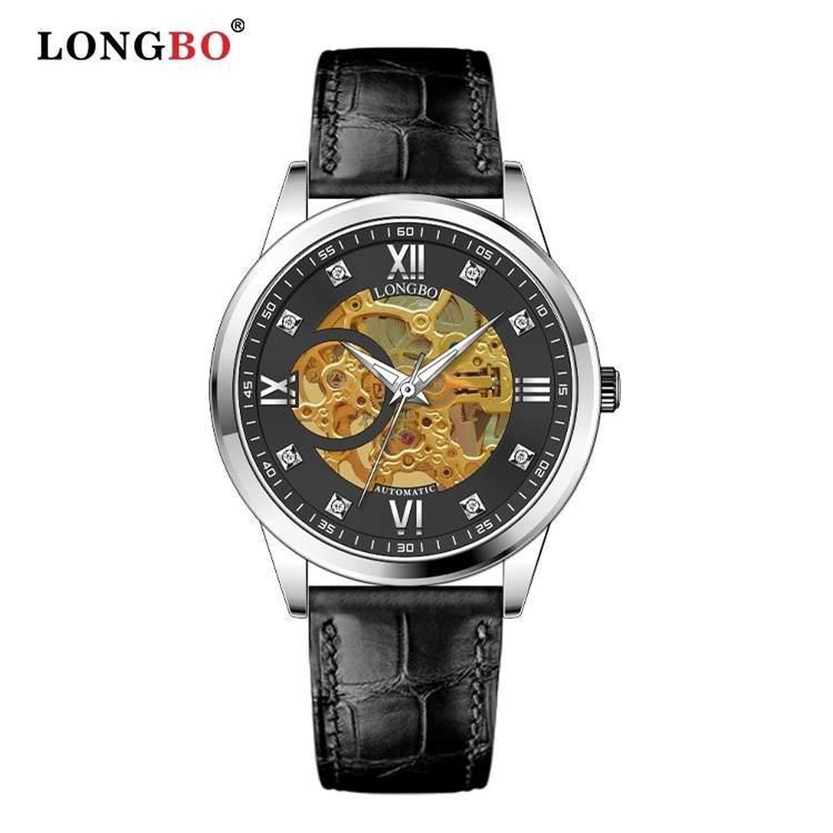 Longbo - Unisex horloge - Skeleton - Zwarte Leren Band - Zilver-Zwart-Goud - 40mm - Automatic