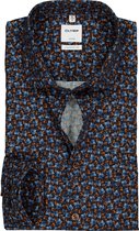 OLYMP Luxor comfort fit overhemd - blauw met camel bladeren dessin - Strijkvrij - Boordmaat: 40