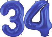 De Ballonnenkoning - Folieballon Cijfer 34 Blauw Metallic Mat - 86 cm