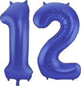 De Ballonnenkoning - Folieballon Cijfer 12 Blauw Metallic Mat - 86 cm