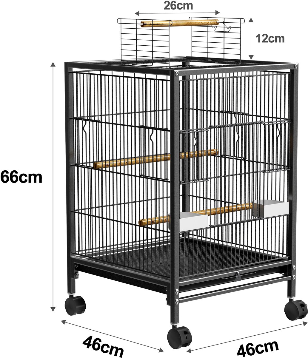 Metalen vogelkooien 46x46x91cm, parkietenkooi met zitstok, houten standaard, valkparkietenkooi, draagbare volière met dakraam, deur, voerbak, uitneembare lade en wielen NAIZY thumbnail 2