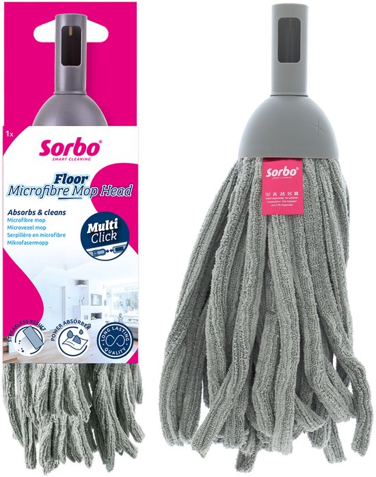Grijze Sorbo microvezel mopkop met 'Multi Click' aanduiding en Nederlandse verpakking.