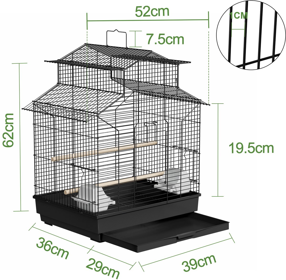 Metalen vogelkooien, parkietenkooi met zitstok, houten standaard, valkparkietenkooi, 46x36x62cm, draagbare volière met voerbak en uitneembare lade voor siervogels NAIZY thumbnail 2